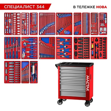 Набор инструментов 344 предмета, "СПЕЦИАЛИСТ 344", в красной тележке МАСТАК 50-07344R
